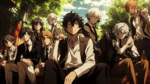 Brooding anime classmates in sunlit academy courtyard scene.
