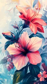 Digital illustration of pink and red hibiscus flowers.
