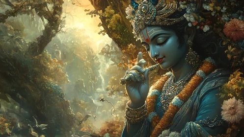 Gentle blue deity in a glowing forest of flowers and light.