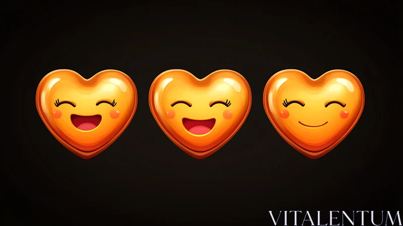 Three glossy golden heart emojis show joyful expressions