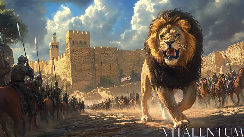 Epic fantasy siege with charging lion vanguard before citadel walls.