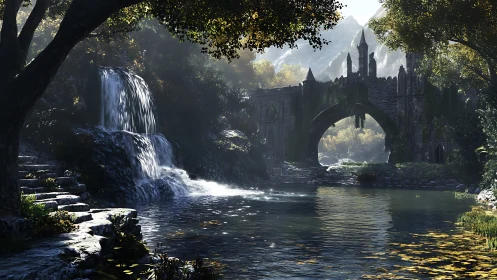 Sunlit fantasy river drifts past ruins and gentle waterfalls