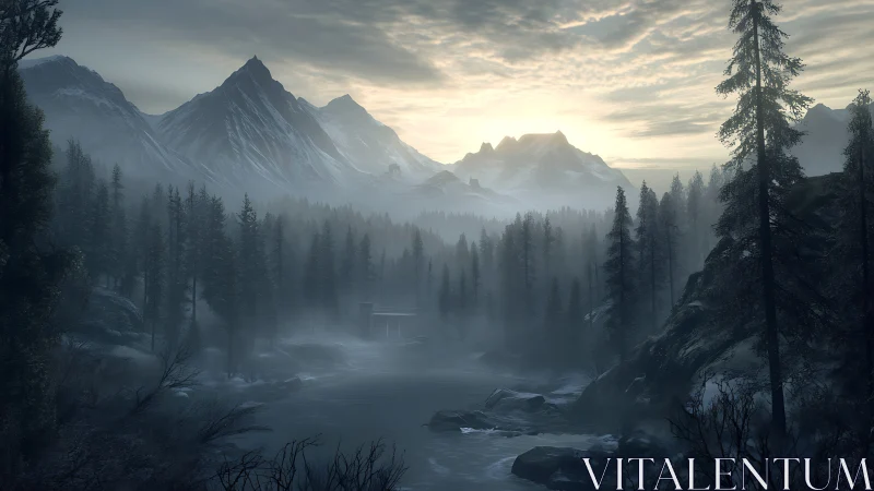 Mist-draped valley river under brooding alpine dawn glow.