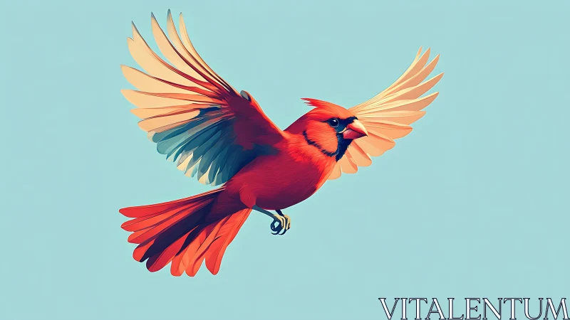 Red cardinal in mid flight against clean blue backdrop.