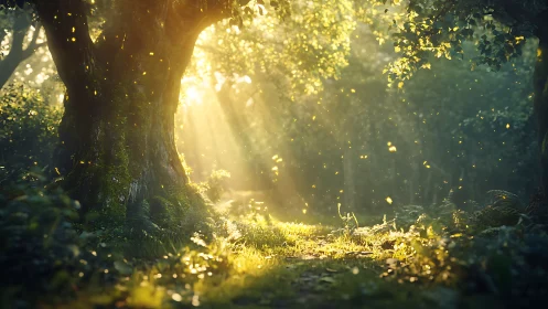 Radiant volumetric sunbeams through mossed woodland clearing.