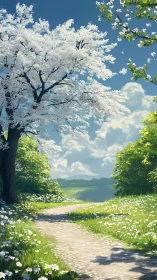 Sunlit blossom lane winding through soft spring silence.