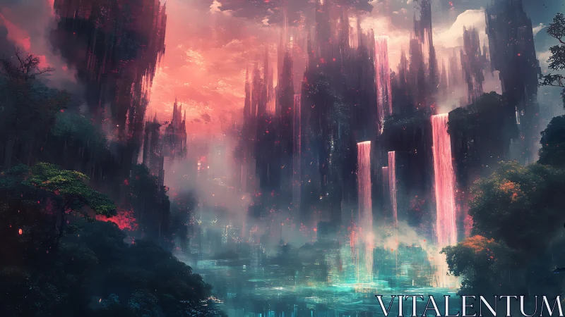 Luminous waterfalls descend through towering neon cliffs at dusk