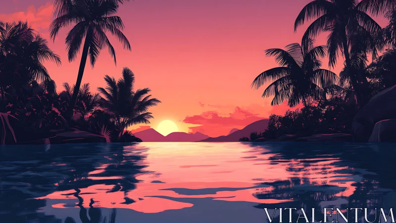 Sunset lagoon glows beneath silhouetted tropical palms.