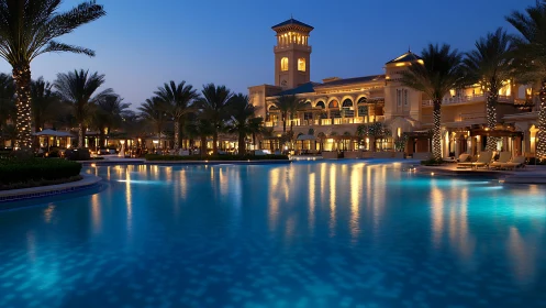 Luxury resort pool glows under deep blue twilight sky.