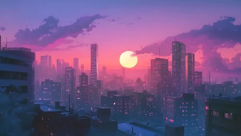 Neon dusk skyline glows under low sun above dense city