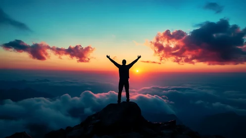 Silhouetted climber celebrates at sunrise above stratified clouds