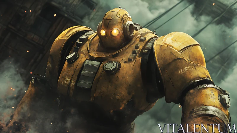 Heavily weathered yellow combat mech advances through dense smoke
