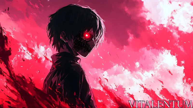 Anime horror portrait with crimson atmospheric backlighting.