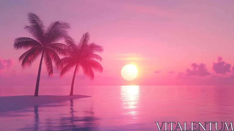 Palm trees on small island at pink ocean sunset horizon.