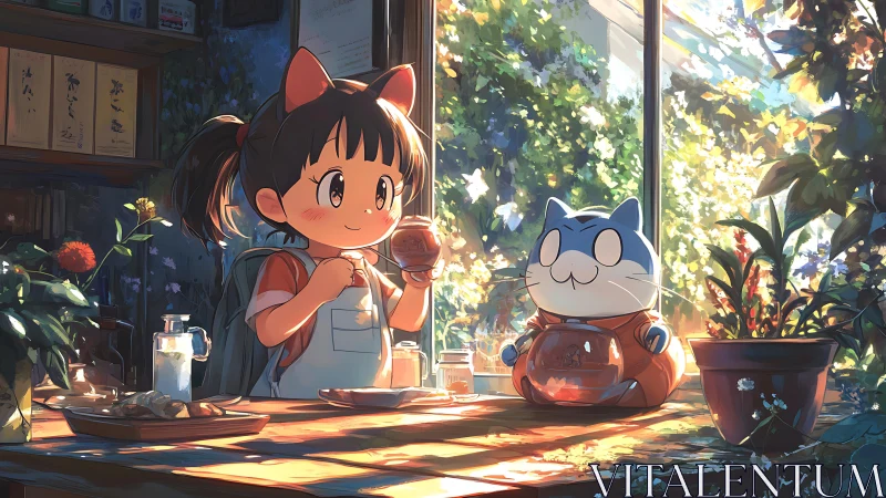 Sunlit cat-eared girl brewing tea with chubby mascot friend.