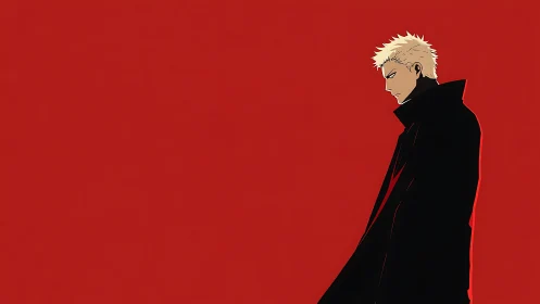 Solitary blond anime figure stands against stark red field