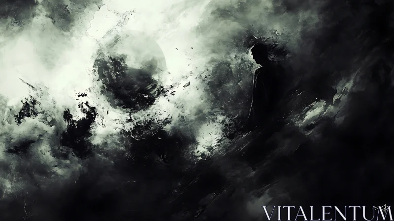 Solitary figure in swirling monochrome cosmic storm.