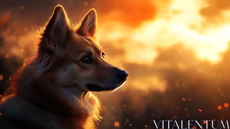 Gentle sunset dog gazing into warm glowing evening light.