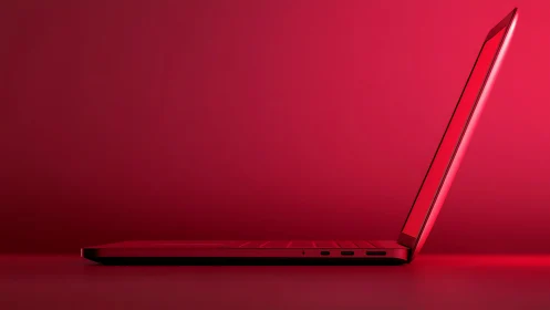 Sleek red laptop poised in bold minimalist glow.