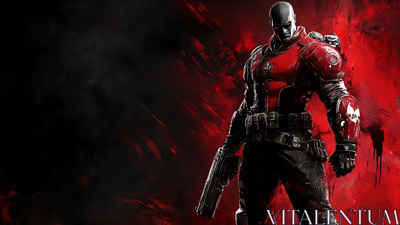 Armored gunfighter emerging from red abstract inferno backdrop.