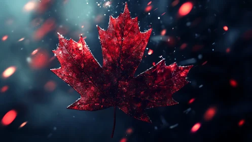 Glowing red maple leaf against dark bokeh storm background.