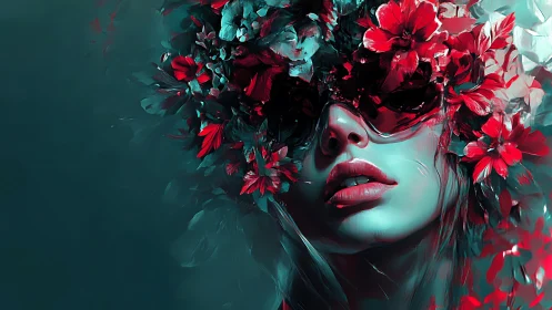 Digital portrait with floral visor and neon teal shading.