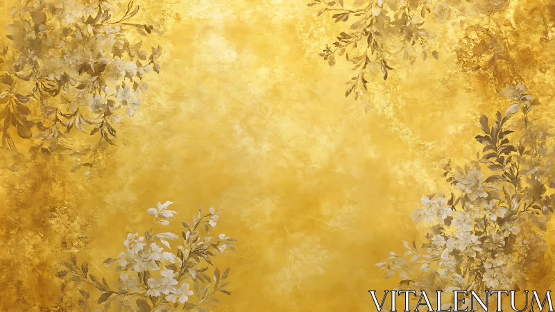 Floral clusters frame a textured yellow-gold background field