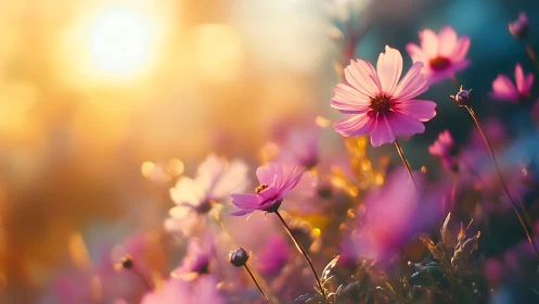 Pink cosmos flowers bloom in golden afternoon light.