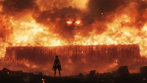 Lone warrior confronts infernal titan above burning wall.