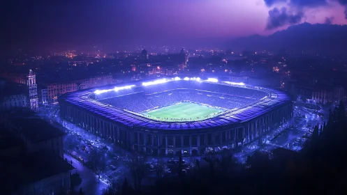 Nocturnal stadium bowl under violet atmospheric bloom.