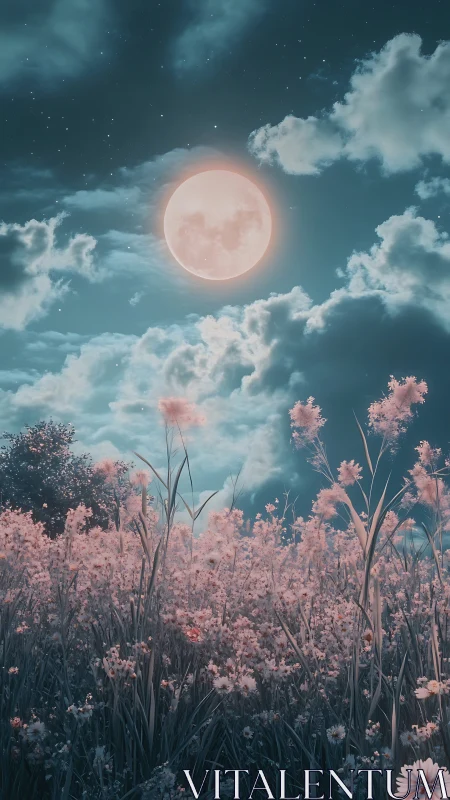 Full moon over pastel wildflower field at night.