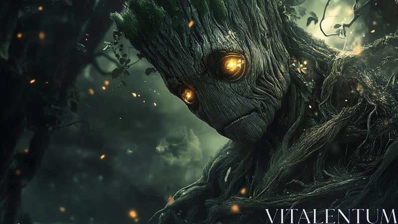 Forest elder bends close while ember-bright eyes remember