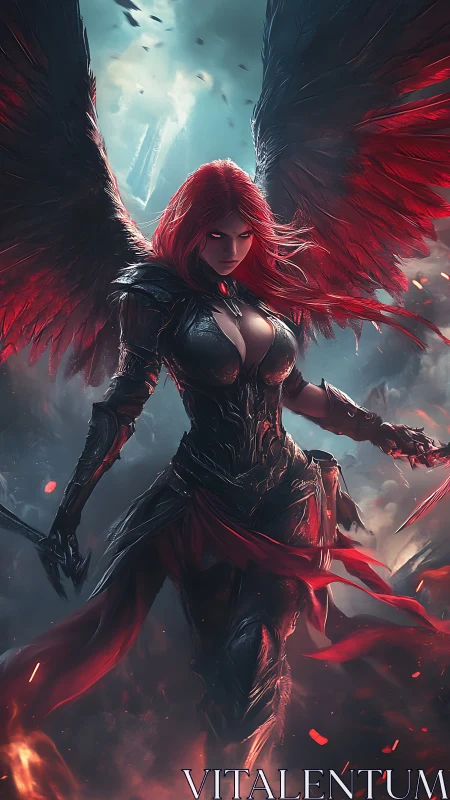 Winged armored figure with red accents in stormy sky.