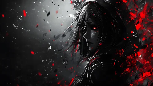 Mysterious hooded heroine glowing in bold red shadows.