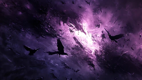 Ravens drifting through a storm-torn violet cosmos.