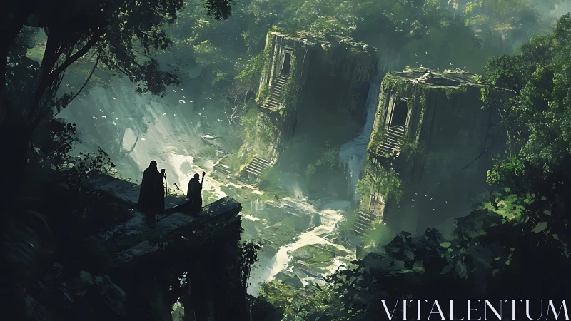 Mystic cloaked figures survey misty jungle stone ruins.