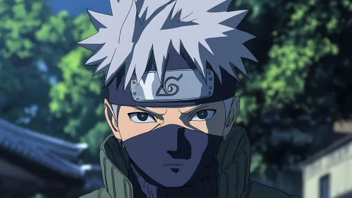 Headbanded masked character faces forward in shaded daylight