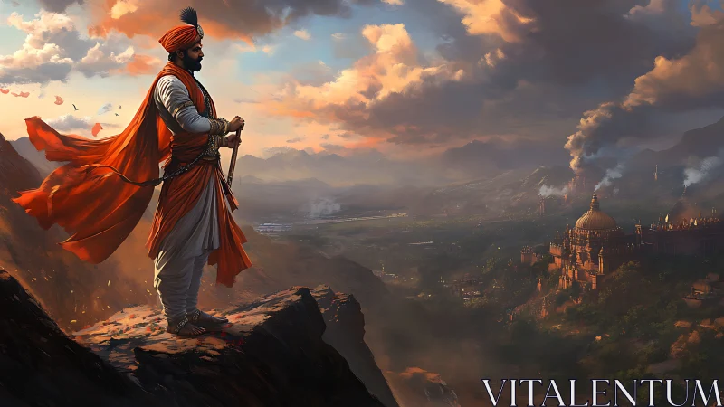 Maratha warrior overlooking fortified valley city at sunrise