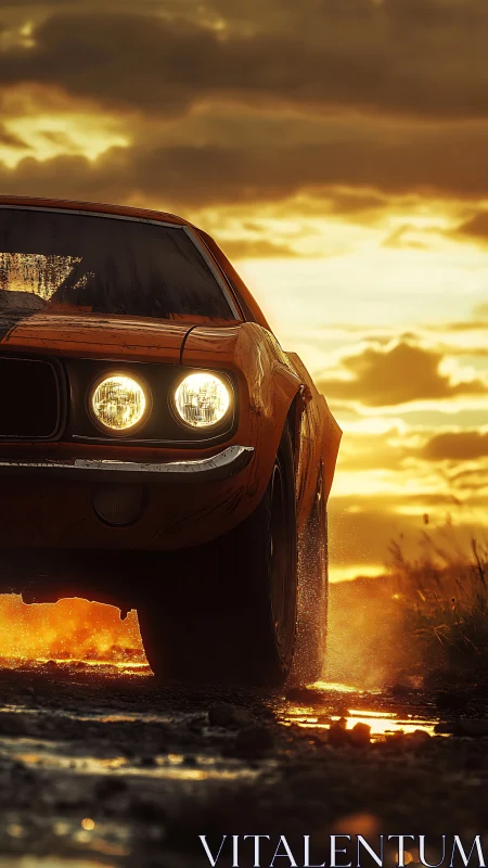 Muscle car charges through wet dirt road at sunset light