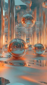 Chromed spheres in reflective orange blue corridor.