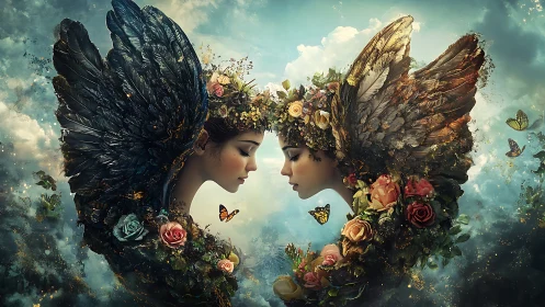 Winged twin spirits meet in a sky of blossoms and light.