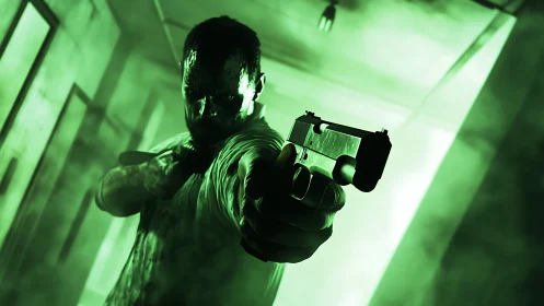 Tense hallway standoff bathed in eerie neon green light.
