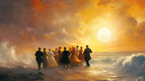 Victorian figures on shoreline observing intense sea sunset.