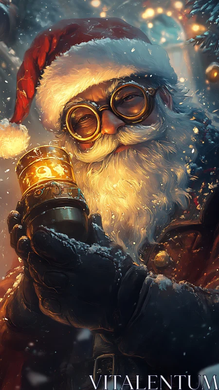 Steampunk Santa holding glowing lantern in snowy night scene.