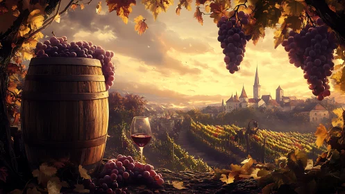 Digital painting of vineyard sunset with grapes, barrel, and village.