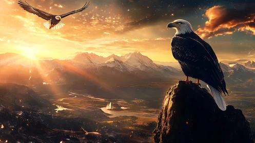 Majestic Bald Eagle at Sunset Over Mountain Landscape, Digital Art.