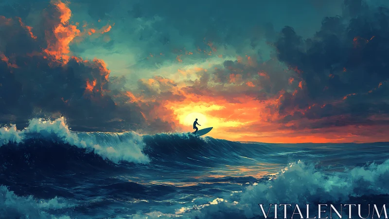 Lone surfer silhouettes against blazing stormlit seascape.