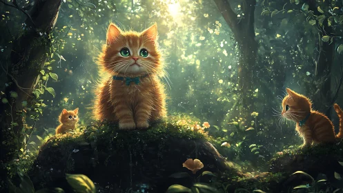 Forest Scene with Large Orange Cat and Two Smaller Kittens on Log