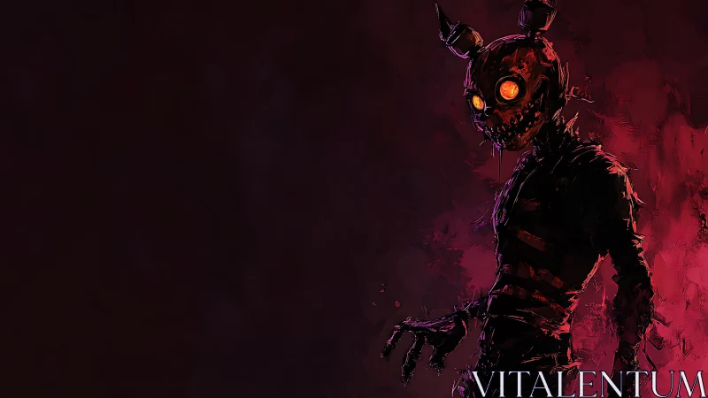 Demonic rabbit android silhouette with glowing amber eyes, side-lit