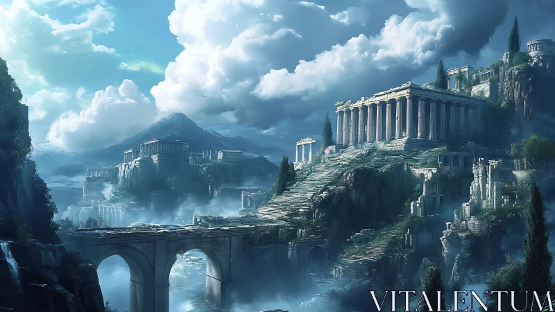 Cloud-draped mythic acropolis climbs toward an endless sky